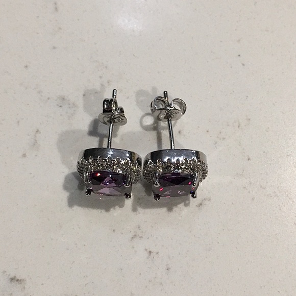 925 Silver Amethyst & Sapphire Halo Cut Earrings - Picture 9 of 12
